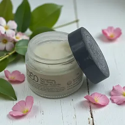 Déodorant solide PALMAROSA, pot ouvert, sur table bois blanc entouré de feuille et pétale de rose