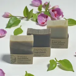 3 Shampoings solides Ayurvédique, Ghassoul, Sauge Romarin posé l'un derriere l'autre entouré de joie fleurs sur un fond neutre
