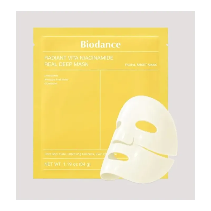 Masque Jaune – Radiant Vita Niacinamide Real Deep Mask (Éclat & uniformité) sur fond neutre