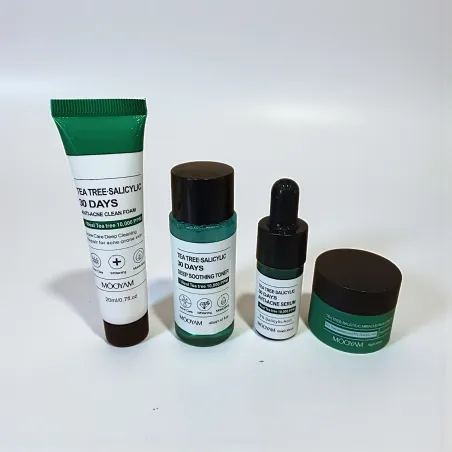 les 4 produits du coffret Anti-Acné MOOYAM – Tea Tree & Acide Salicylique (30 jours) sur fond neutre