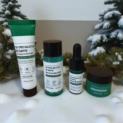 les 4 produits du coffret Anti-Acné MOOYAM – Tea Tree & Acide Salicylique (30 jours)  avec fond decoré