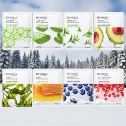 les 8 types de masques facial bioaqua sur fond de montagne enneigée