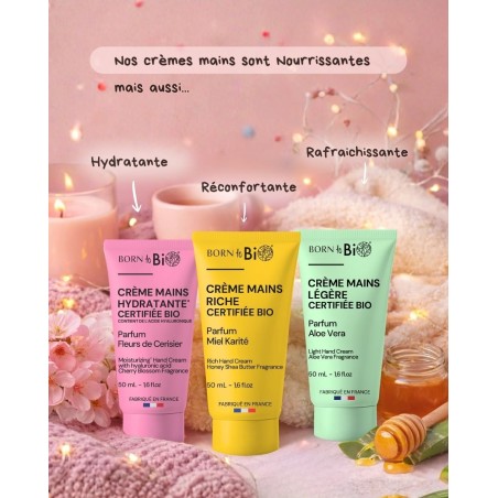 Crème mains BIO, Riche miel karité, hydratante fleurs de cerisier et légère aloe vera