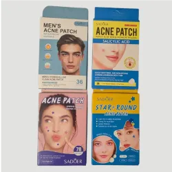 patchs anti-acné en 4 modèles homme, invisible, etoiles violette et rose ou bleue et jaune sur fond neutre