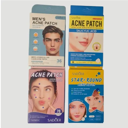 patchs anti-acné en 4 modèles homme, invisible, etoiles violette et rose ou bleue et jaune sur fond neutre