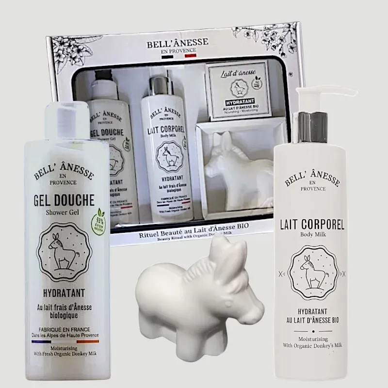 Coffret cadeau soin corps lait d'ânesse Bell'Anesse — vue d'ensemble produits et savon ânesse