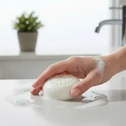 Savon lait d'ânesse moussant sur lavabo
